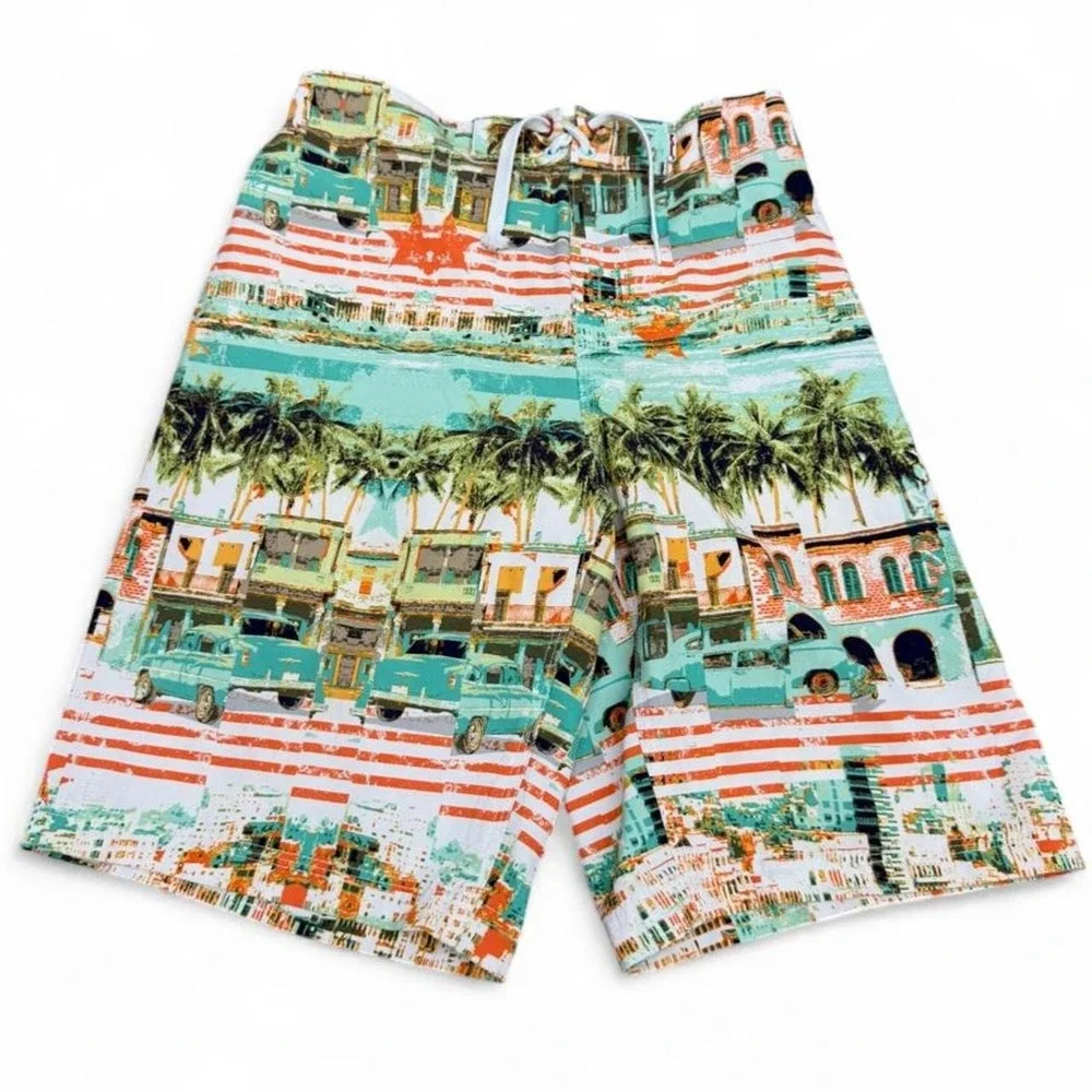 Red Camel Boys Medium Swim Trunks Shorts Vintage Classic Cars Palm Trees Havana